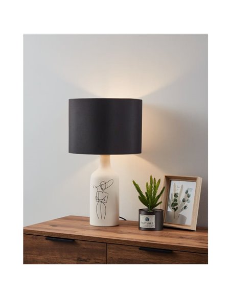 Lampe de table blanche VINOZA avec base en céramique et abat-jour en textile noir, E27