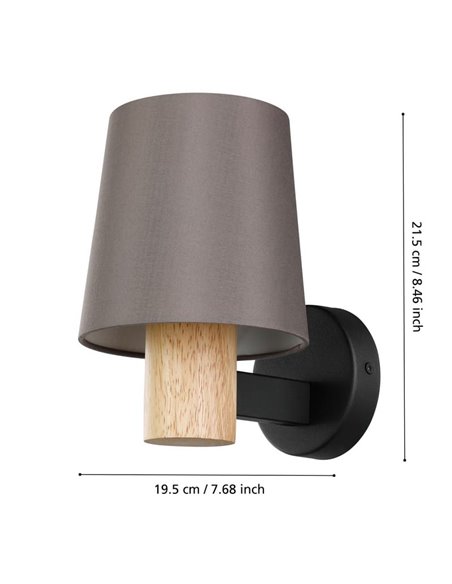 Aplique de Pared EDALE de Metal Negro y Madera de Roble con Pantalla Textil Capuchino, E27