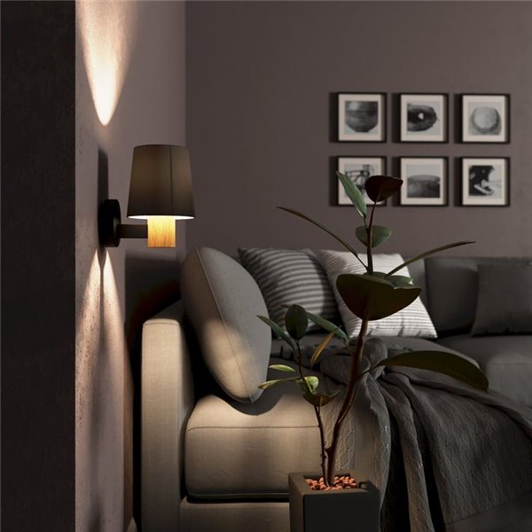 Aplique de Pared EDALE de Metal Negro y Madera de Roble con Pantalla Textil Capuchino, E27
