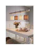 Lámpara Colgante TOWNSHEND 2 con Viga de Madera Patinada y Pantallas Textiles Blancas y Marrones, 4XE27