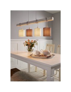 Candeeiro suspenso TOWNSHEND 2 com viga de madeira patinada e cortinas têxteis brancas e castanhas, 4XE27 2