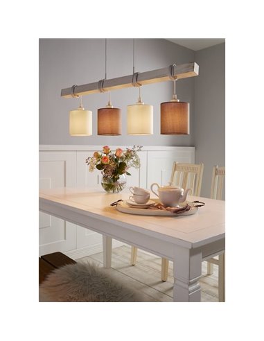 Lámpara Colgante TOWNSHEND 2 con Viga de Madera Patinada y Pantallas Textiles Blancas y Marrones, 4XE27