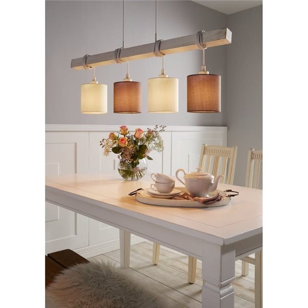 Lámpara Colgante TOWNSHEND 2 con Viga de Madera Patinada y Pantallas Textiles Blancas y Marrones, 4XE27