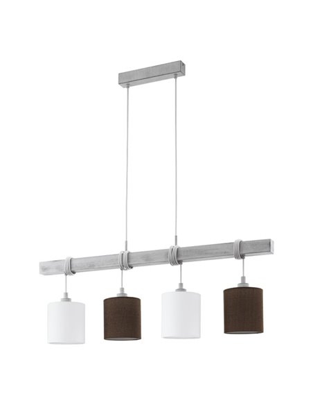 Candeeiro suspenso TOWNSHEND 2 com viga de madeira patinada e cortinas têxteis brancas e castanhas, 4XE27