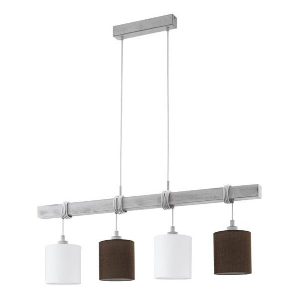 Lámpara Colgante TOWNSHEND 2 con Viga de Madera Patinada y Pantallas Textiles Blancas y Marrones, 4XE27