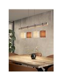 Lámpara Colgante TOWNSHEND 2 con Viga de Madera Patinada y Pantallas Textiles Blancas y Marrones, 4XE27