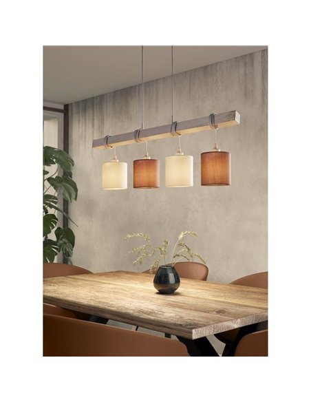 Lampe à Suspension TOWNSHEND 2 avec poutre en bois patiné et abat-jour en textile blanc et marron, 4XE27