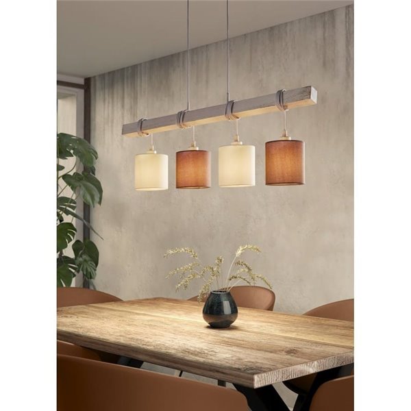 Lampe à Suspension TOWNSHEND 2 avec poutre en bois patiné et abat-jour en textile blanc et marron, 4XE27