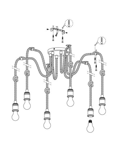 Lâmpada pendente RAMPSIDE Spider com 6 suportes de lâmpada suspensos em corda de cânhamo, 6XE27