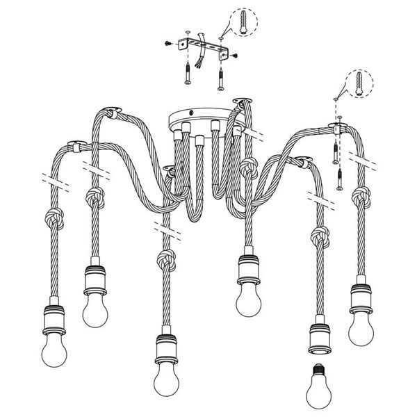 Lampe à suspension RAMPSIDE Spider avec 6 supports de lampe suspendus en corde de chanvre, 6XE27