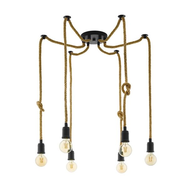 Lampe à suspension RAMPSIDE Spider avec 6 supports de lampe suspendus en corde de chanvre, 6XE27