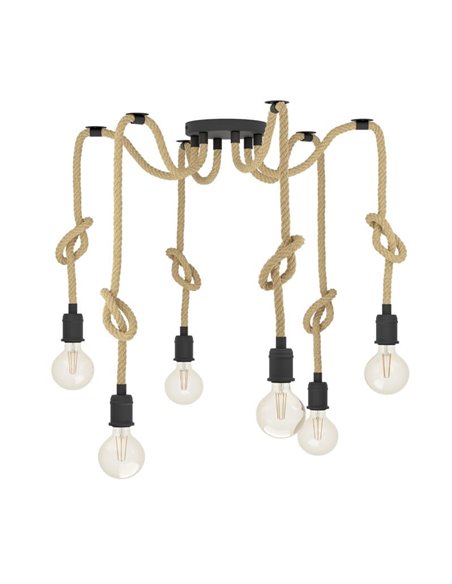 Lampe à suspension RAMPSIDE Spider avec 6 supports de lampe suspendus en corde de chanvre, 6XE27