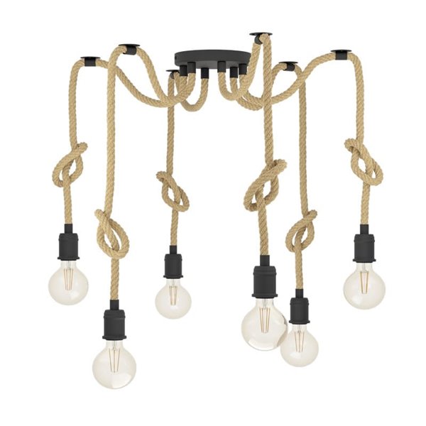 Lampe à suspension RAMPSIDE Spider avec 6 supports de lampe suspendus en corde de chanvre, 6XE27