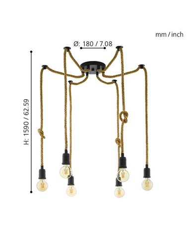 Lâmpada pendente RAMPSIDE Spider com 6 suportes de lâmpada suspensos em corda de cânhamo, 6XE27