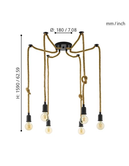 Lâmpada pendente RAMPSIDE Spider com 6 suportes de lâmpada suspensos em corda de cânhamo, 6XE27