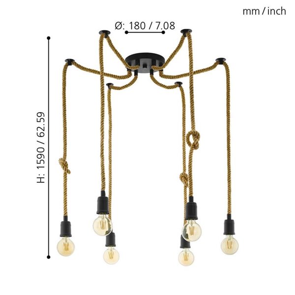 Lampe à suspension RAMPSIDE Spider avec 6 supports de lampe suspendus en corde de chanvre, 6XE27