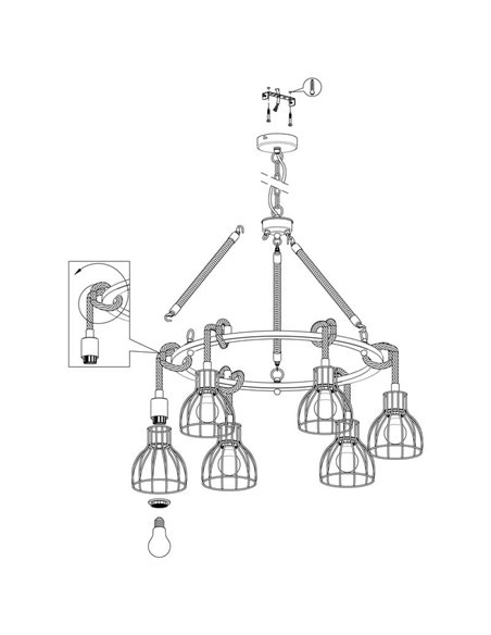 Lampe à suspension RAMPSIDE avec 6 abat-jour en fil noir et corde de chanvre, 6XE27