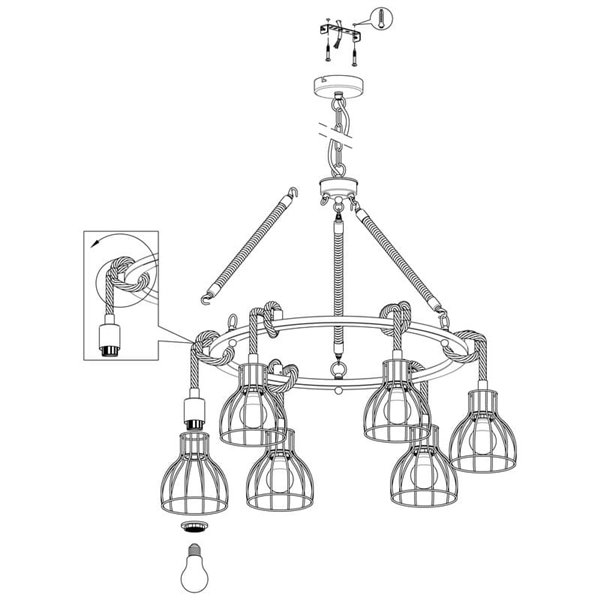 Lampe à suspension RAMPSIDE avec 6 abat-jour en fil noir et corde de chanvre, 6XE27