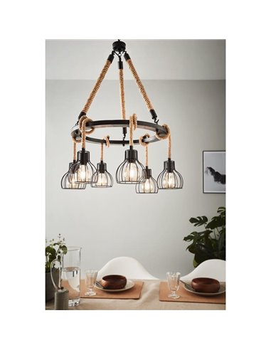 Lámpara Colgante RAMPSIDE con 6 Pantallas de Alambre Negro y Cuerda de Cáñamo, 6XE27