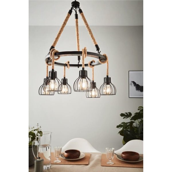 Lámpara Colgante RAMPSIDE con 6 Pantallas de Alambre Negro y Cuerda de Cáñamo, 6XE27