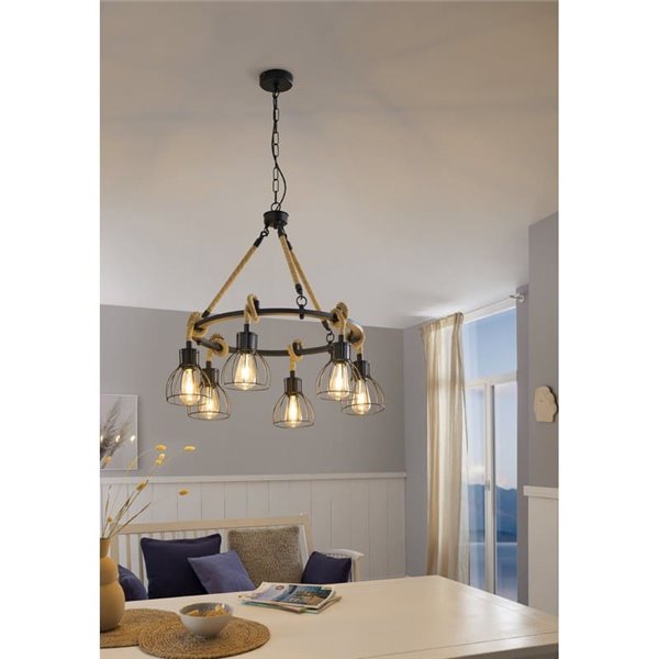 Lampe à suspension RAMPSIDE avec 6 abat-jour en fil noir et corde de chanvre, 6XE27