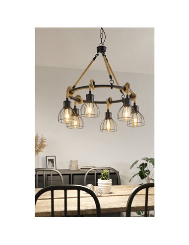 Lampe à suspension RAMPSIDE avec 6 abat-jour en fil noir et corde de chanvre, 6XE27