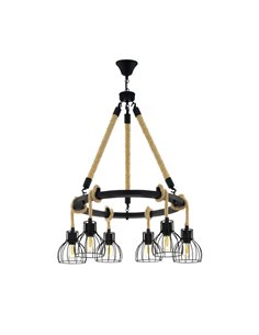 Lámpara Colgante RAMPSIDE con 6 Pantallas de Alambre Negro y Cuerda de Cáñamo, 6XE27