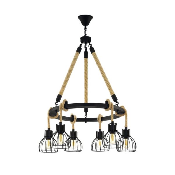 Lampe à suspension RAMPSIDE avec 6 abat-jour en fil noir et corde de chanvre, 6XE27