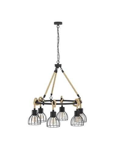 Lámpara Colgante RAMPSIDE con 6 Pantallas de Alambre Negro y Cuerda de Cáñamo, 6XE27