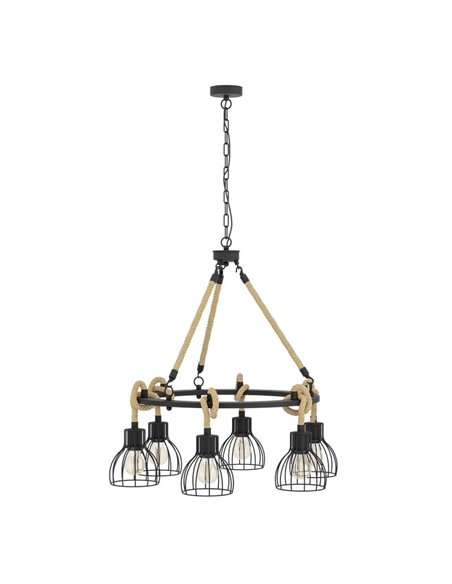 Lampe à suspension RAMPSIDE avec 6 abat-jour en fil noir et corde de chanvre, 6XE27