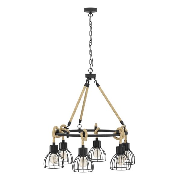 Lámpara Colgante RAMPSIDE con 6 Pantallas de Alambre Negro y Cuerda de Cáñamo, 6XE27