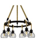 Lampe à suspension RAMPSIDE avec 6 abat-jour en fil noir et corde de chanvre, 6XE27