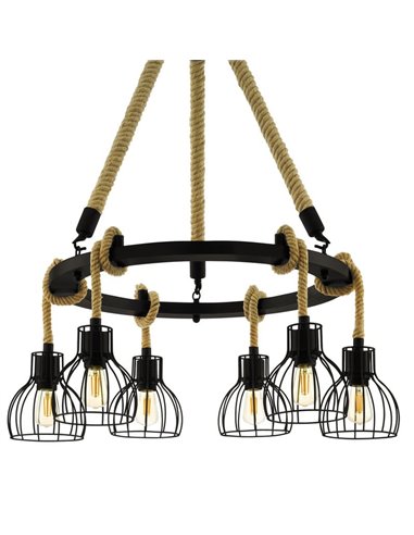 Lampe à suspension RAMPSIDE avec 6 abat-jour en fil noir et corde de chanvre, 6XE27