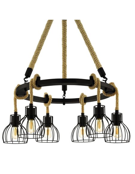 Lampe à suspension RAMPSIDE avec 6 abat-jour en fil noir et corde de chanvre, 6XE27