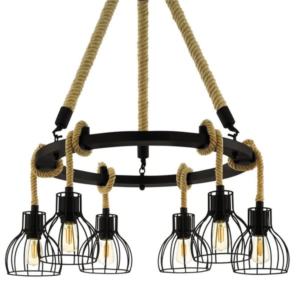 Lampe à suspension RAMPSIDE avec 6 abat-jour en fil noir et corde de chanvre, 6XE27