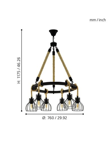 Lampe à suspension RAMPSIDE avec 6 abat-jour en fil noir et corde de chanvre, 6XE27