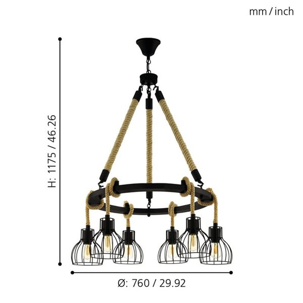 Lampe à suspension RAMPSIDE avec 6 abat-jour en fil noir et corde de chanvre, 6XE27
