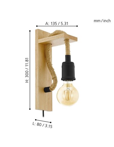 Aplique de Pared RAMPSIDE con Cuerda de Cáñamo y Portalámparas de Madera y Metal, E27