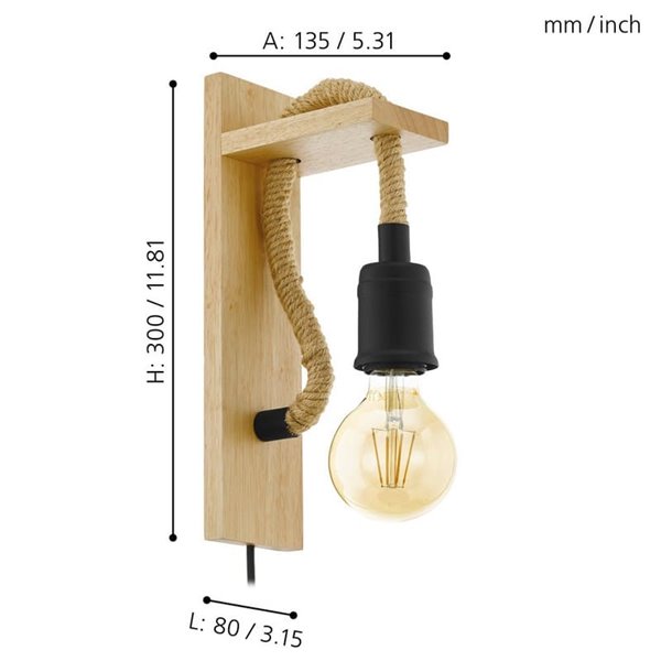 Aplique de Pared RAMPSIDE con Cuerda de Cáñamo y Portalámparas de Madera y Metal, E27
