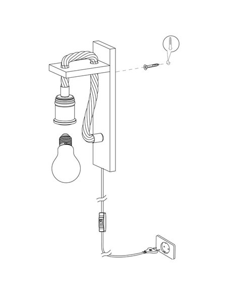 Aplique de Pared RAMPSIDE con Cuerda de Cáñamo y Portalámparas de Madera y Metal, E27