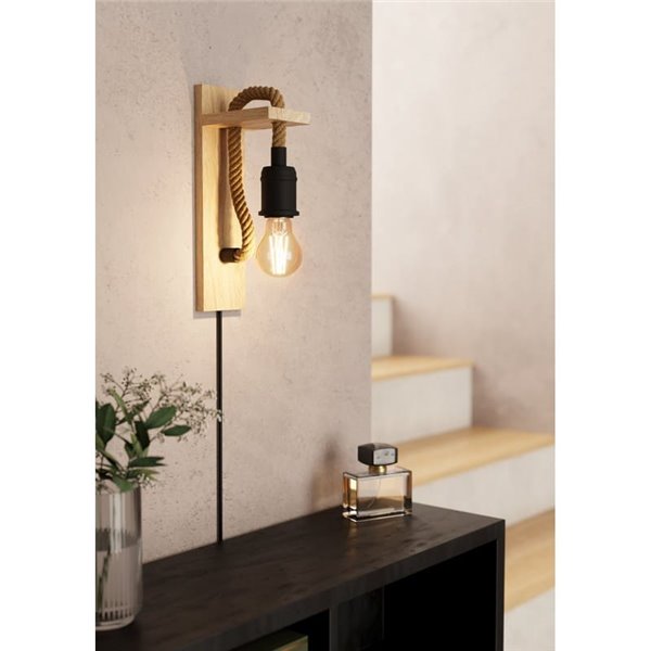 Aplique de Pared RAMPSIDE con Cuerda de Cáñamo y Portalámparas de Madera y Metal, E27