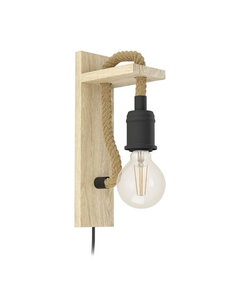 Applique murale RAMPSIDE avec corde de chanvre et douille en bois et métal, E27