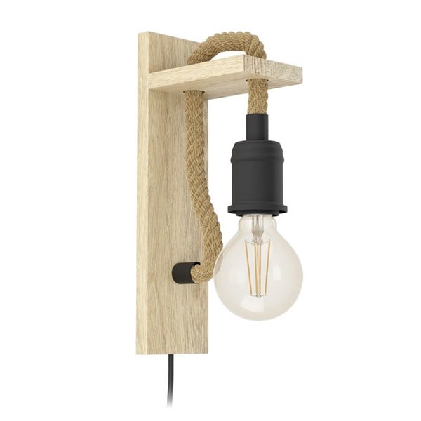 Aplique de Pared RAMPSIDE con Cuerda de Cáñamo y Portalámparas de Madera y Metal, E27