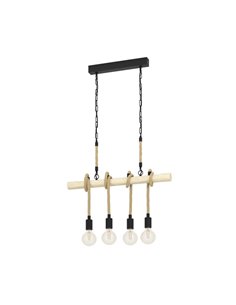 Lampe à suspension YOUNGSTOWN avec barre en bois, 4 supports de lampe suspendus en corde de chanvre, 4XE27