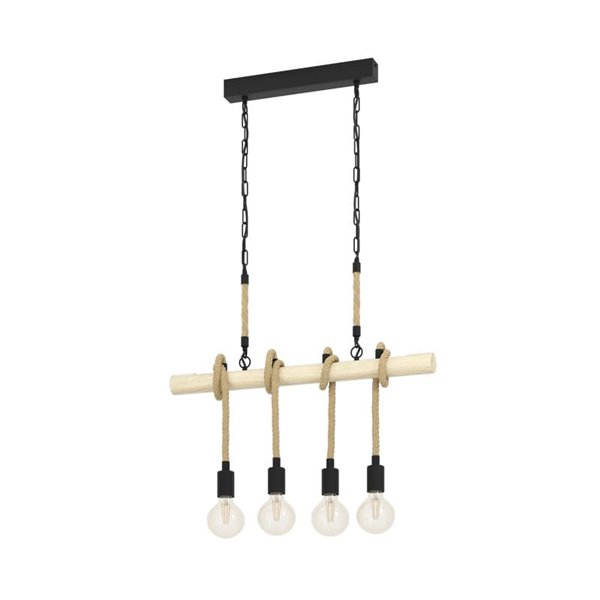 Lampe à suspension YOUNGSTOWN avec barre en bois, 4 supports de lampe suspendus en corde de chanvre, 4XE27