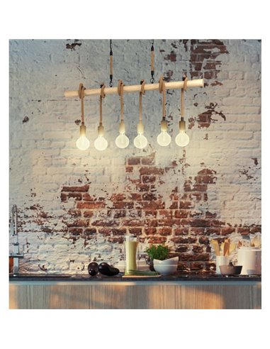 Lampe à suspension YOUNGSTOWN avec barre en bois, 6 supports de lampe suspendus en corde de chanvre, 6XE27