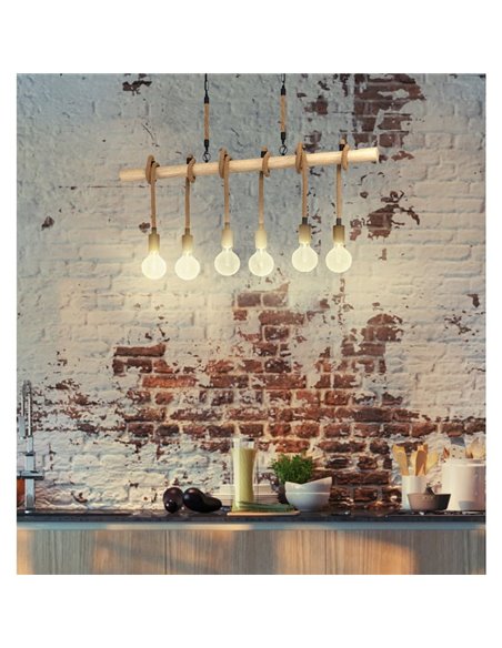 Candeeiro suspenso YOUNGSTOWN com barra de madeira, 6 suportes suspensos em corda de cânhamo, 6XE27