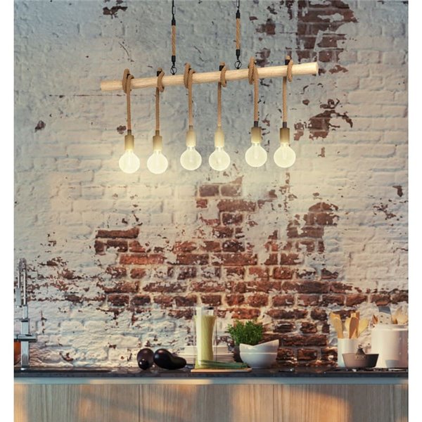 Lampe à suspension YOUNGSTOWN avec barre en bois, 6 supports de lampe suspendus en corde de chanvre, 6XE27