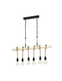 Lampe à suspension YOUNGSTOWN avec barre en bois, 6 supports de lampe suspendus en corde de chanvre, 6XE27