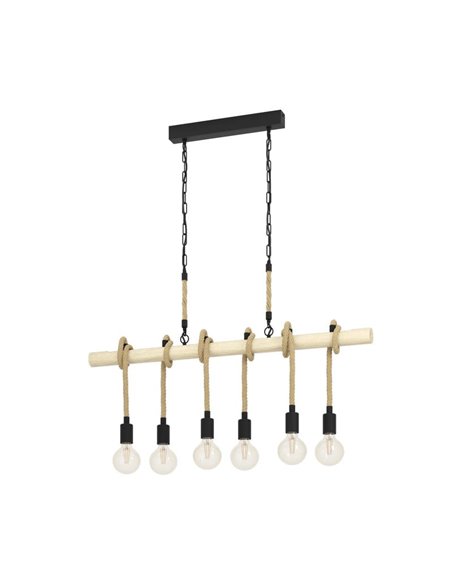Lampe à suspension YOUNGSTOWN avec barre en bois, 6 supports de lampe suspendus en corde de chanvre, 6XE27